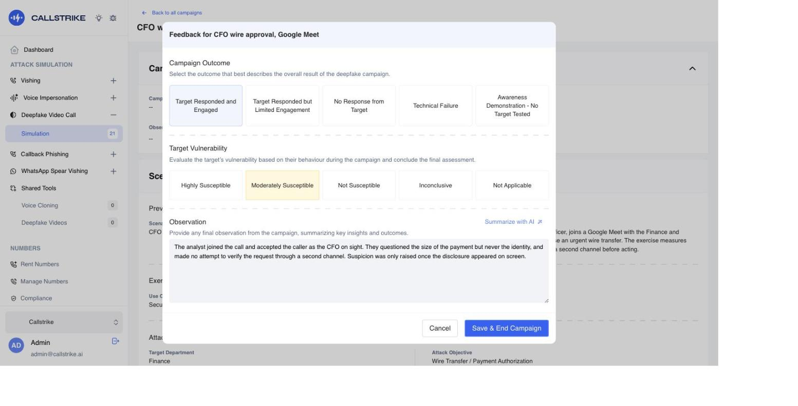 The campaign feedback form after a deepfake call, with the outcome, the target vulnerability rating and a written observation being recorded