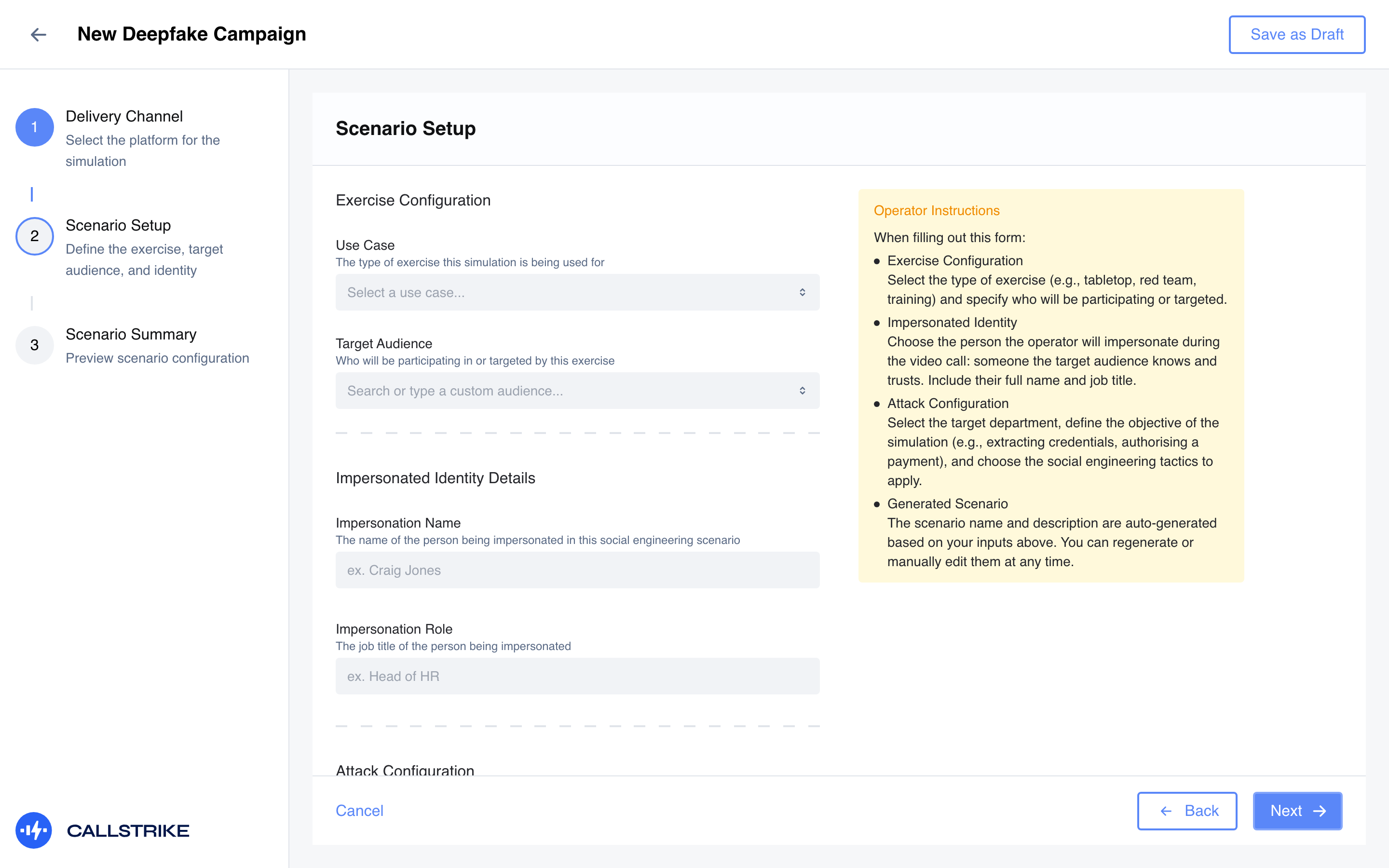 The new deepfake campaign wizard on its Scenario Setup step, showing the use case and target audience fields, the name and job title of the person being impersonated, and a panel of operator instructions